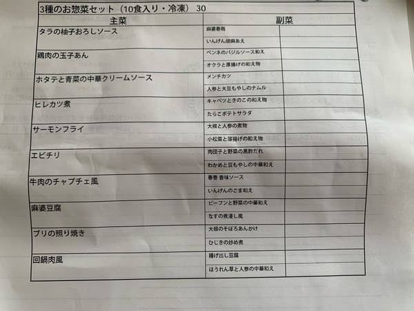 冷凍宅食弁当のメニュー